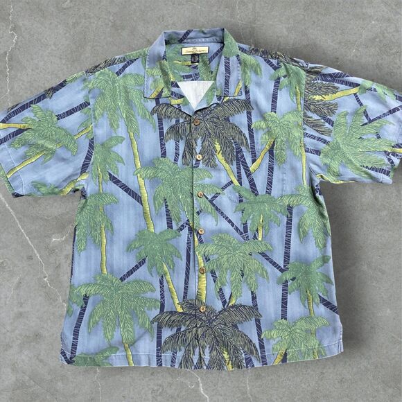 Tommy Bahama Casual Palm Tree Hawaiian Silk Button Down Shirt Blue Men's XL - Picture 1 of 8